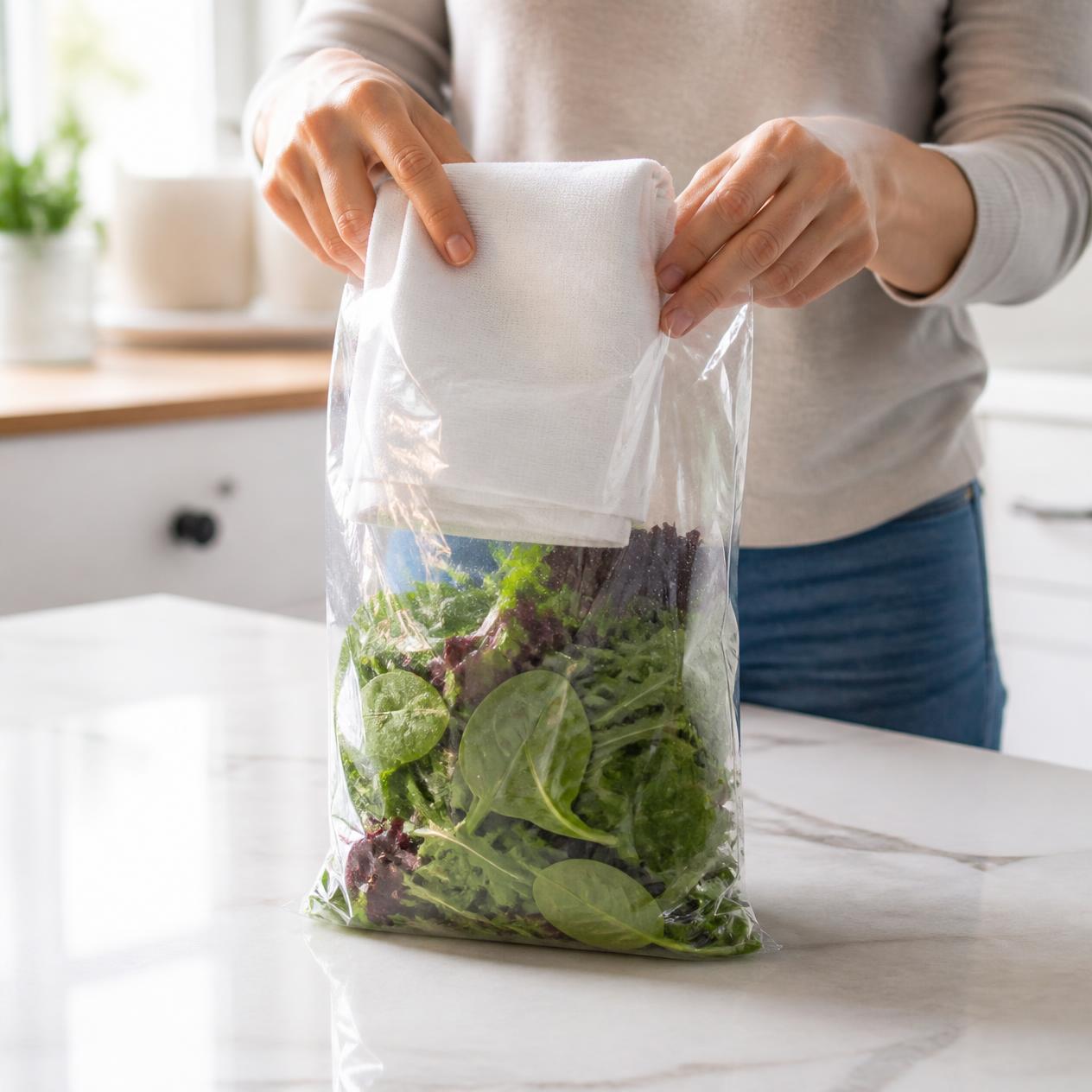 Hands placing a folded white cloth into a bag of salad greens